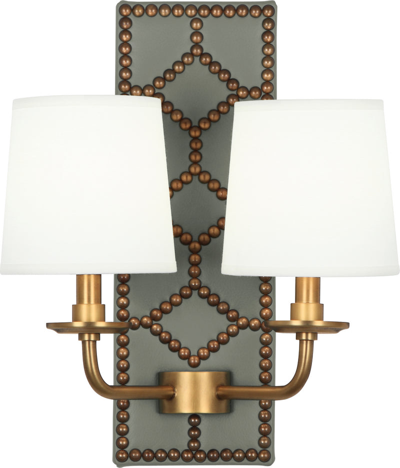 Robert Abbey 1034 Two Light Wall Sconce, Carter Gray Leather w/Nailhead/Aged Brass