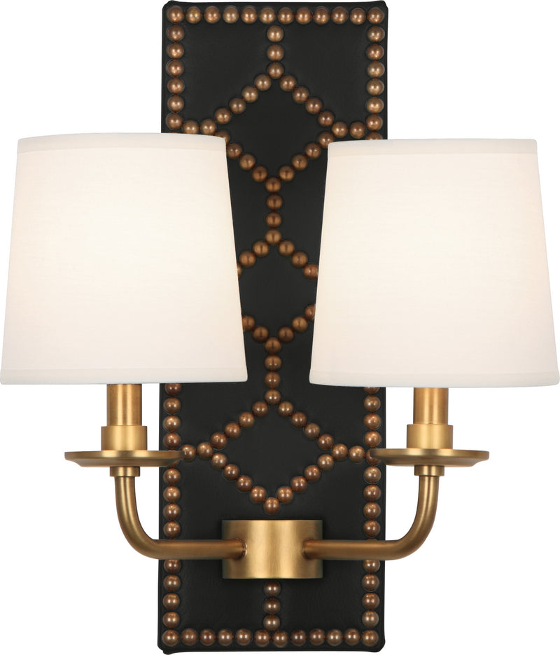 Robert Abbey 1035 Two Light Wall Sconce, Blacksmith Black Leather w/Nailhead/Aged Brass
