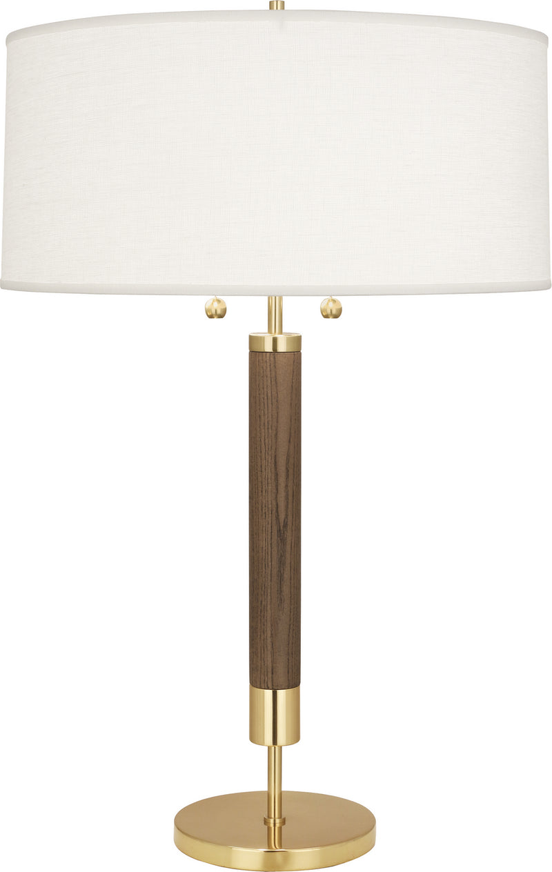 Robert Abbey 205 Two Light Table Lamp, Modern Brass w/Walnuted Wood Column