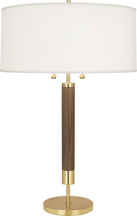 Robert Abbey 205 Two Light Table Lamp, Modern Brass w/Walnuted Wood Column