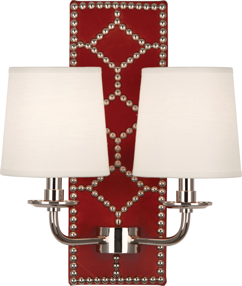 Robert Abbey S1031 Two Light Wall Sconce, Dragons Blood Leather w/Nailhead/Polished Nickel