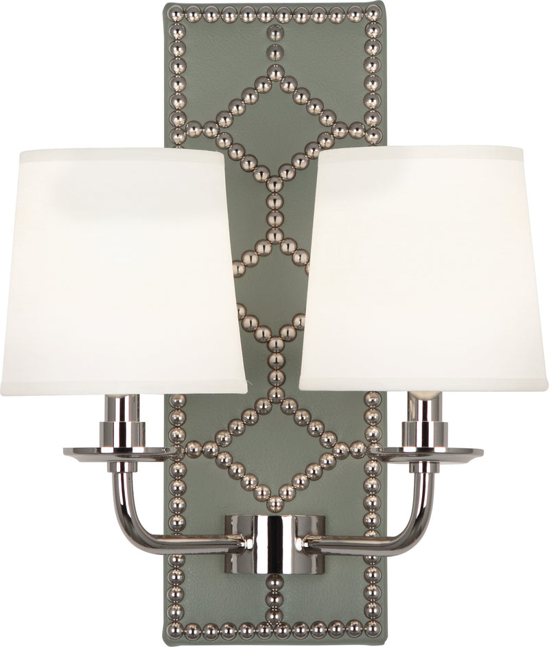 Robert Abbey S1034 Two Light Wall Sconce, Carter Gray Leather w/Nailhead/Polished Nickel