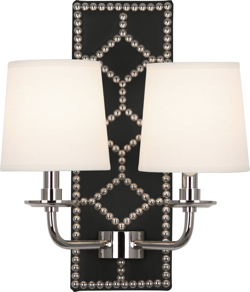 Robert Abbey S1035 Two Light Wall Sconce, Blacksmith Black Leather w/Nailhead/Polished Nickel