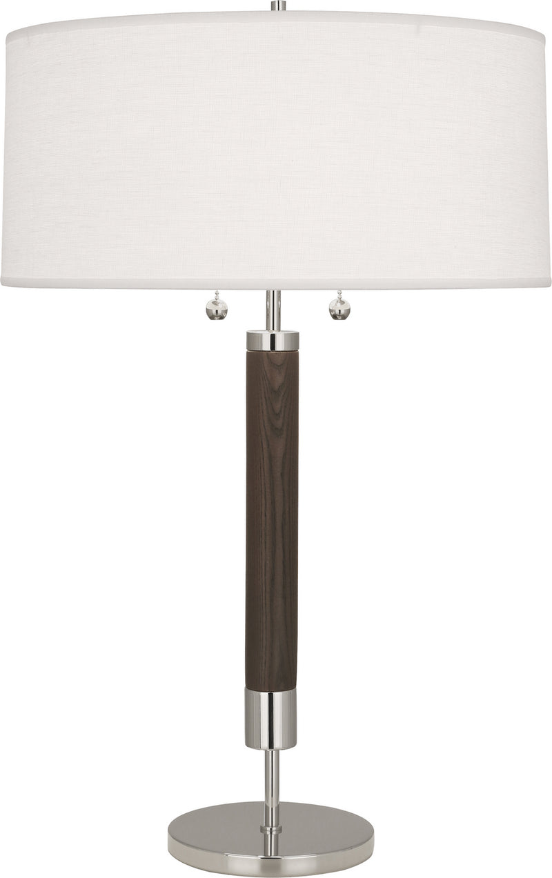 Robert Abbey S205 Two Light Table Lamp, Polished Nickel w/Dark Walnuted Wood Column