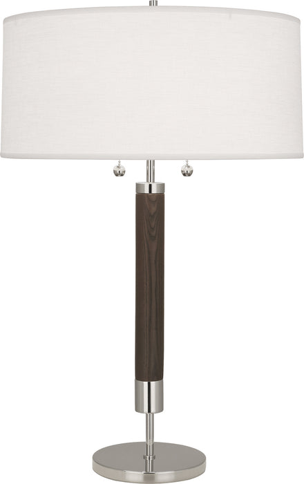 Robert Abbey S205 Two Light Table Lamp, Polished Nickel w/Dark Walnuted Wood Column