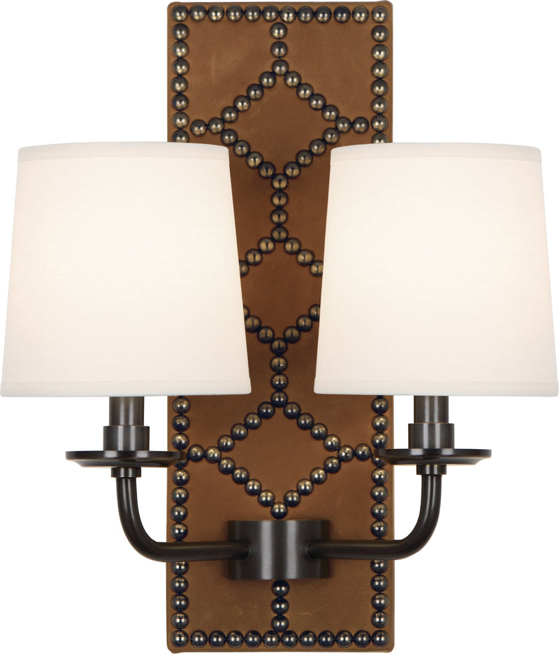 Robert Abbey Z1030 Two Light Wall Sconce, English Ochre Leather w/Nailhead/Deep Patina Bronze