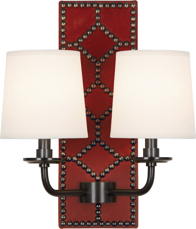 Robert Abbey Z1031 Two Light Wall Sconce, Dragons Blood Leather w/Nailhead/Deep Patina Bronze