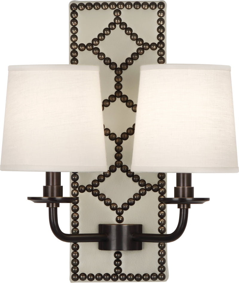 Robert Abbey Z1032 Two Light Wall Sconce, Bruton White Leather w/Nailhead/Deep Patina Bronze