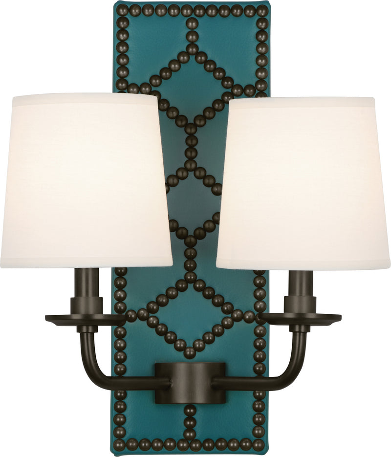 Robert Abbey Z1033 Two Light Wall Sconce, Mayo Teal Leather w/Nailhead/Deep Patina Bronze