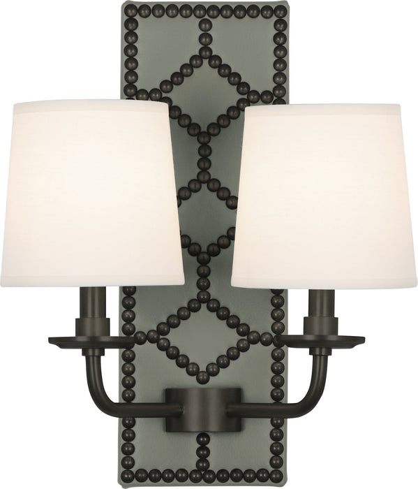 Robert Abbey Z1034 Two Light Wall Sconce, Carter Gray Leather w/Nailhead/Deep Patina Bronze