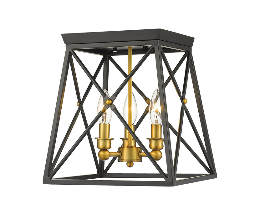 Z-Lite 447F11-MB-OBR Three Light Flush Mount, Matte Black + Olde Brass