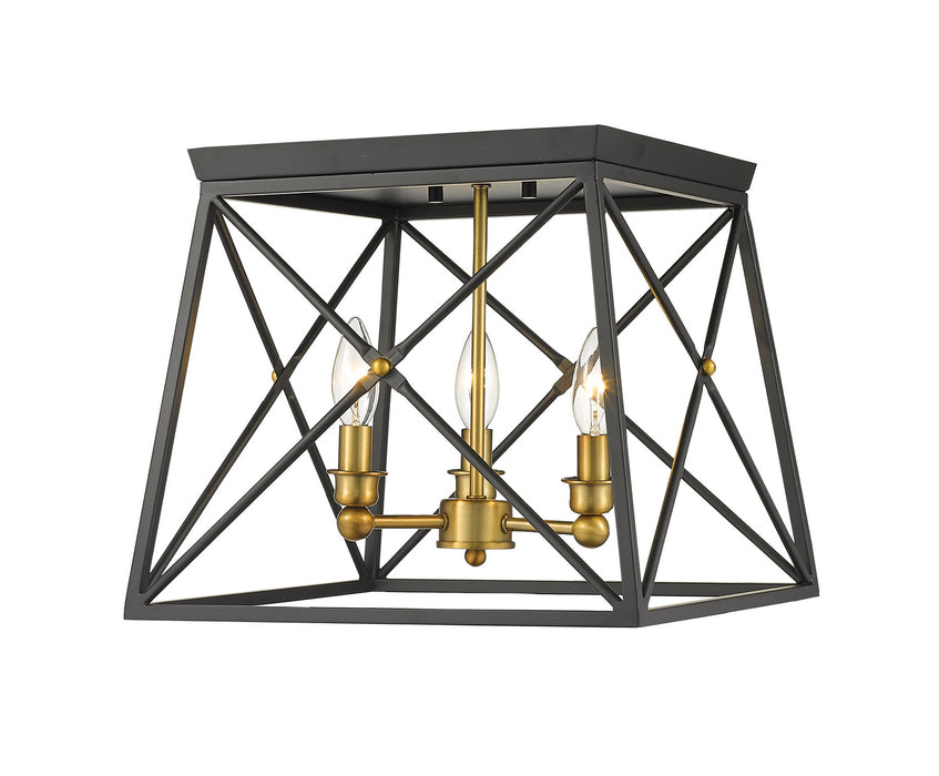 Z-Lite 447F14-MB-OBR Three Light Flush Mount, Matte Black + Olde Brass