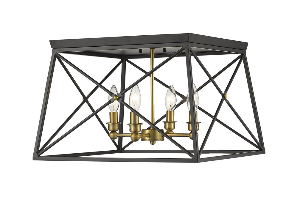 Z-Lite 447F18-MB-OBR Four Light Flush Mount, Matte Black + Olde Brass