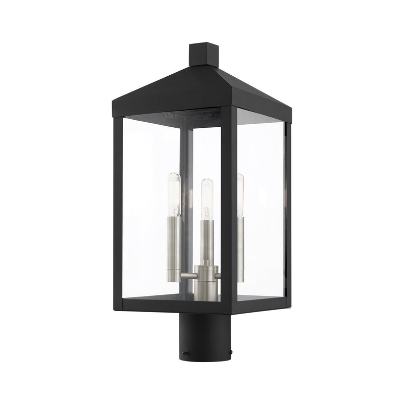 Livex Lighting 20592-04 Three Light Outdoor Post Top Lantern, Black w/ Brushed Nickel Cluster
