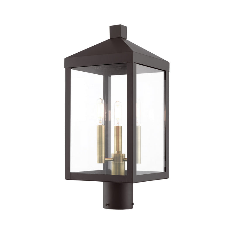 Livex Lighting 20592-07 Three Light Outdoor Post Top Lantern, Bronze w/ Antique Brass Cluster