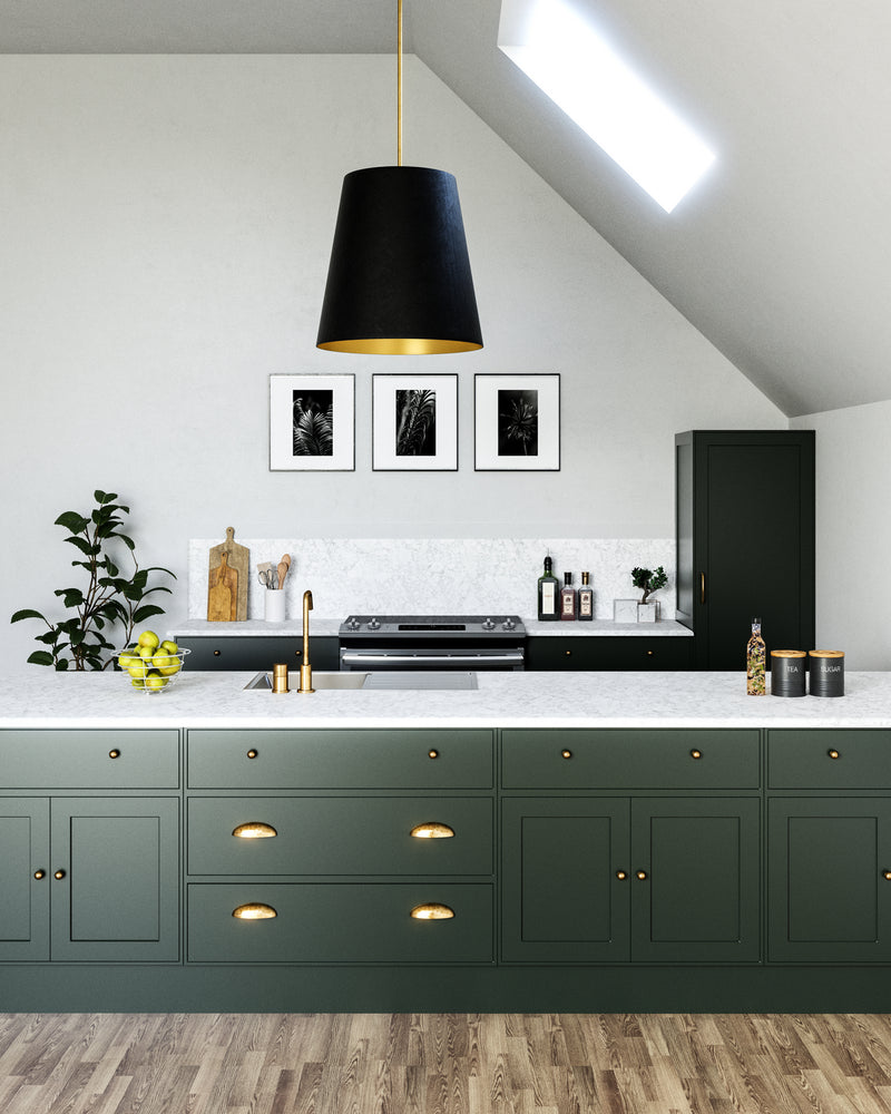 Alora PD311025VBBG Three Light Pendant, Black Linen With Gold Parchment/Vintage Brass