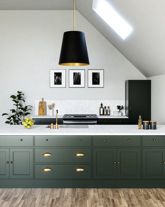 Alora PD311025VBBG Three Light Pendant, Black Linen With Gold Parchment/Vintage Brass