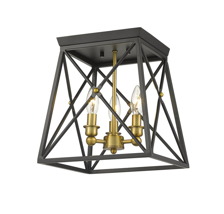 Z-Lite 447F11-MB-OBR Three Light Flush Mount, Matte Black + Olde Brass