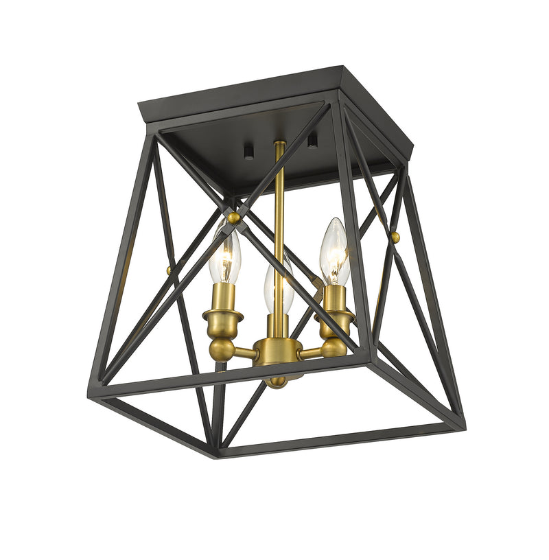 Z-Lite 447F11-MB-OBR Three Light Flush Mount, Matte Black + Olde Brass