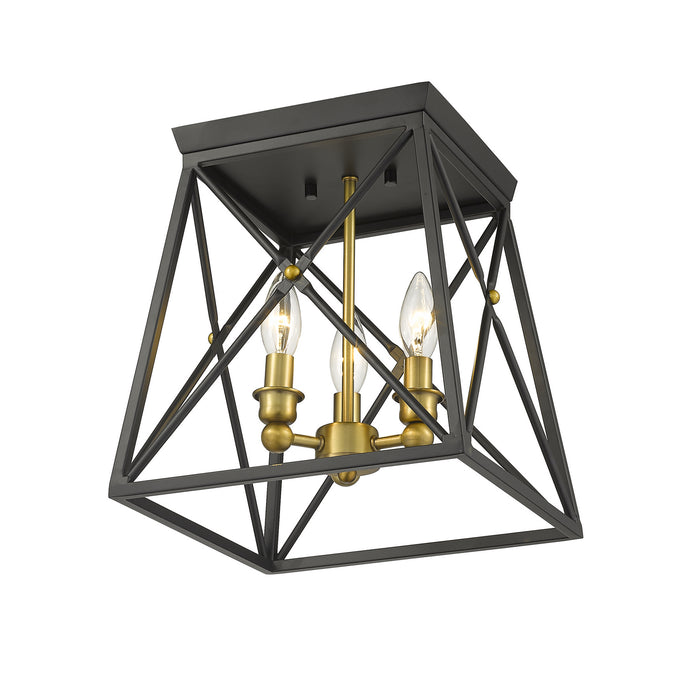 Z-Lite 447F11-MB-OBR Three Light Flush Mount, Matte Black + Olde Brass