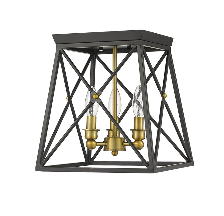 Z-Lite 447F11-MB-OBR Three Light Flush Mount, Matte Black + Olde Brass
