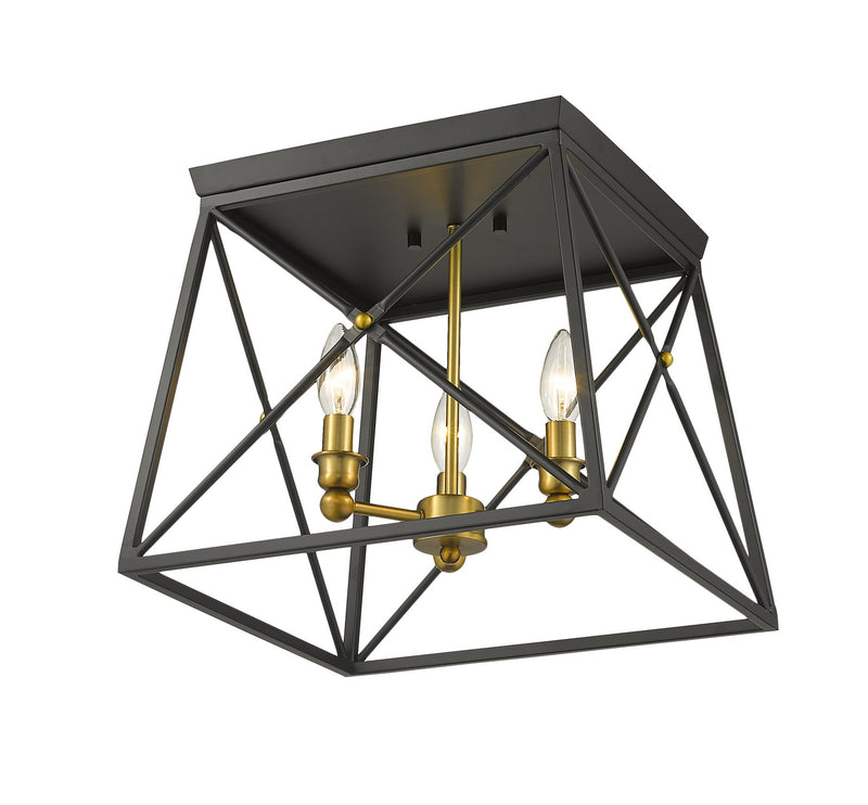 Z-Lite 447F14-MB-OBR Three Light Flush Mount, Matte Black + Olde Brass