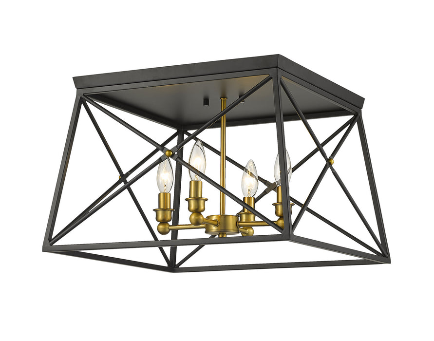 Z-Lite 447F18-MB-OBR Four Light Flush Mount, Matte Black + Olde Brass