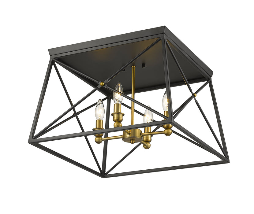 Z-Lite 447F18-MB-OBR Four Light Flush Mount, Matte Black + Olde Brass