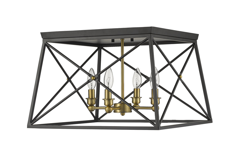 Z-Lite 447F18-MB-OBR Four Light Flush Mount, Matte Black + Olde Brass