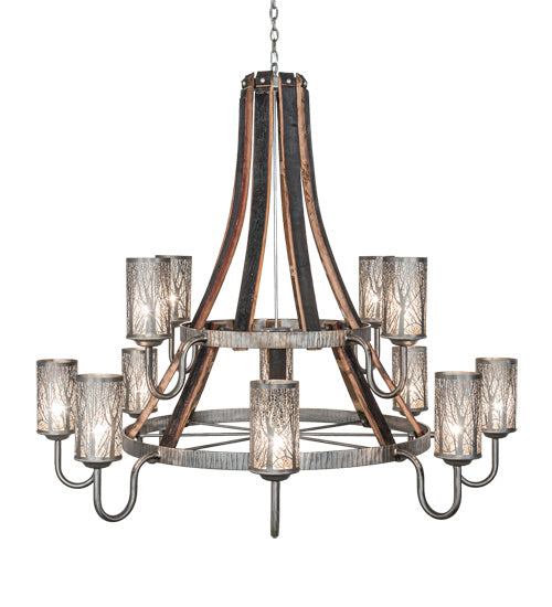 Meyda Tiffany 221525 12 Light Chandelier, Industrial Steel And Charred Wood