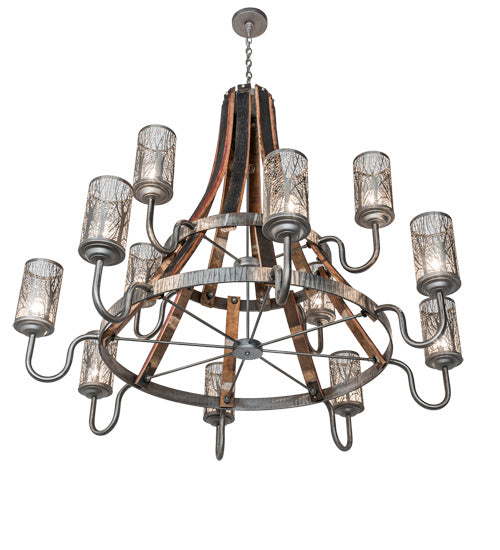 Meyda Tiffany 221525 12 Light Chandelier, Industrial Steel And Charred Wood