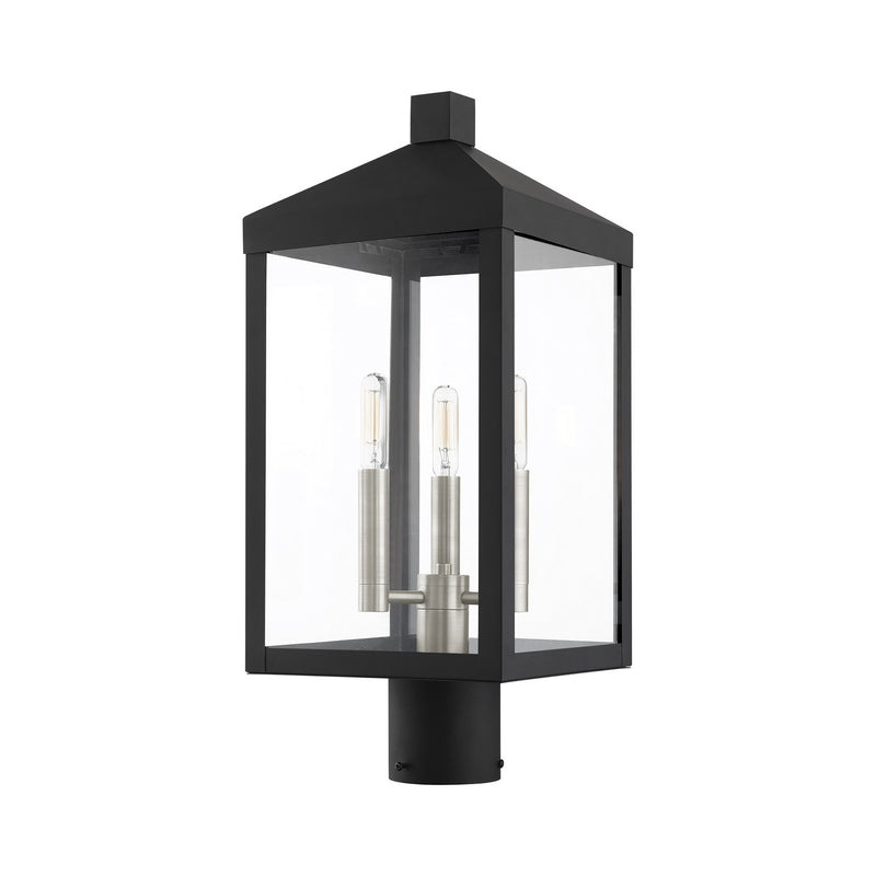 Livex Lighting 20592-04 Three Light Outdoor Post Top Lantern, Black w/ Brushed Nickel Cluster