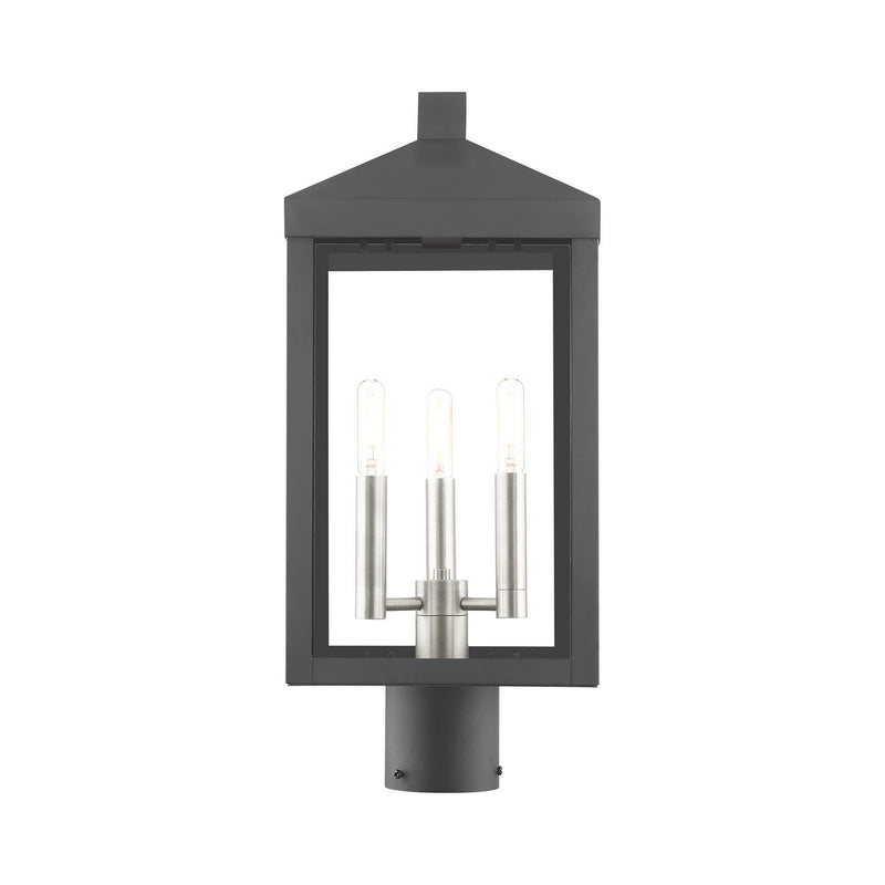 Livex Lighting 20592-04 Three Light Outdoor Post Top Lantern, Black w/ Brushed Nickel Cluster