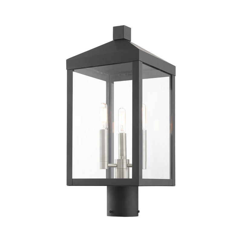 Livex Lighting 20592-04 Three Light Outdoor Post Top Lantern, Black w/ Brushed Nickel Cluster