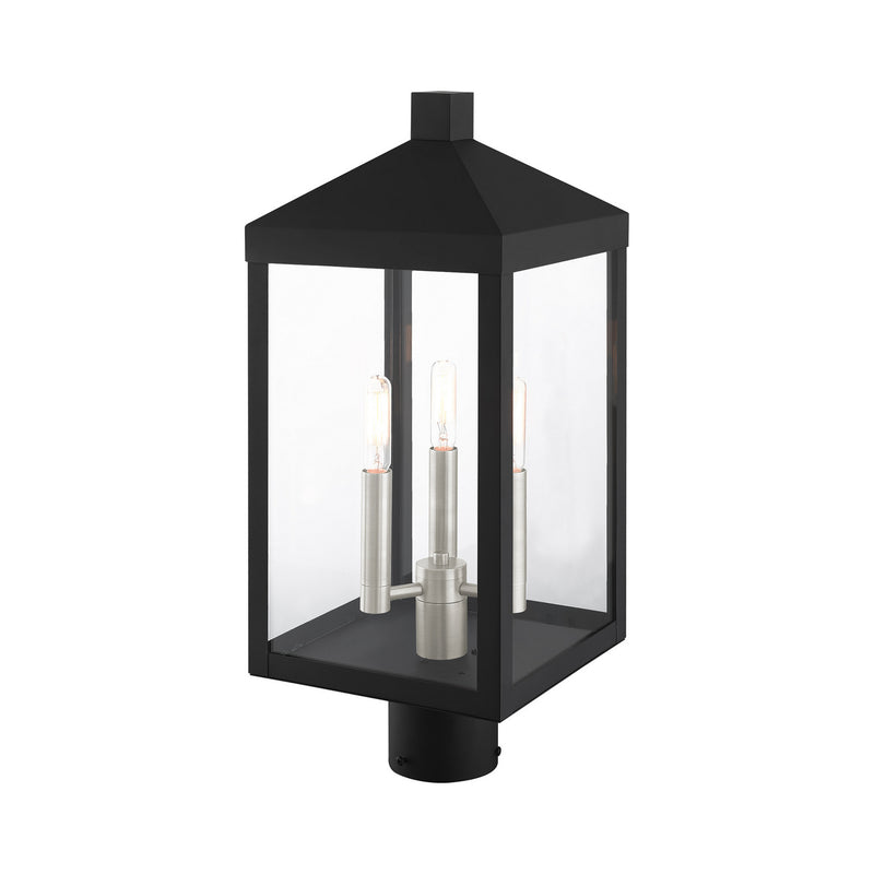 Livex Lighting 20592-04 Three Light Outdoor Post Top Lantern, Black w/ Brushed Nickel Cluster