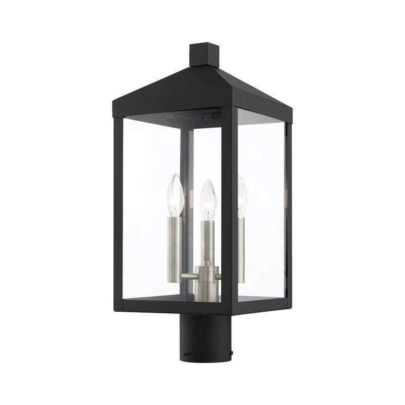 Livex Lighting 20592-04 Three Light Outdoor Post Top Lantern, Black w/ Brushed Nickel Cluster