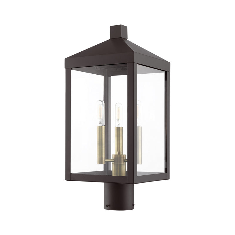 Livex Lighting 20592-07 Three Light Outdoor Post Top Lantern, Bronze w/ Antique Brass Cluster