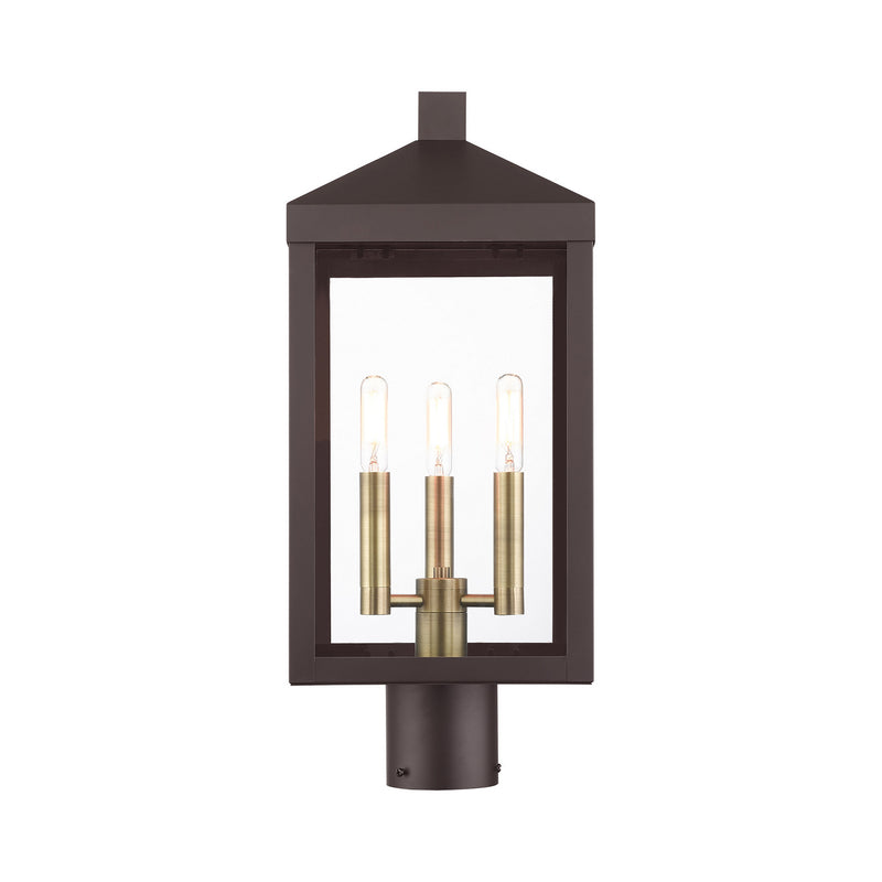 Livex Lighting 20592-07 Three Light Outdoor Post Top Lantern, Bronze w/ Antique Brass Cluster