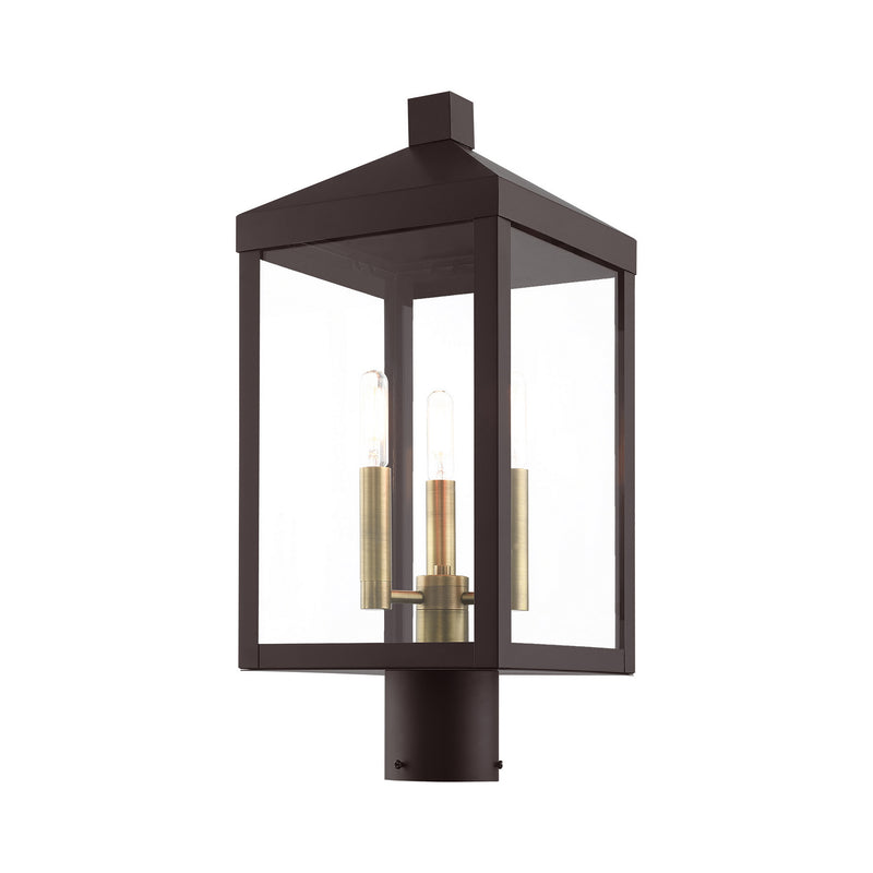Livex Lighting 20592-07 Three Light Outdoor Post Top Lantern, Bronze w/ Antique Brass Cluster