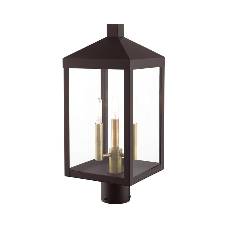 Livex Lighting 20592-07 Three Light Outdoor Post Top Lantern, Bronze w/ Antique Brass Cluster