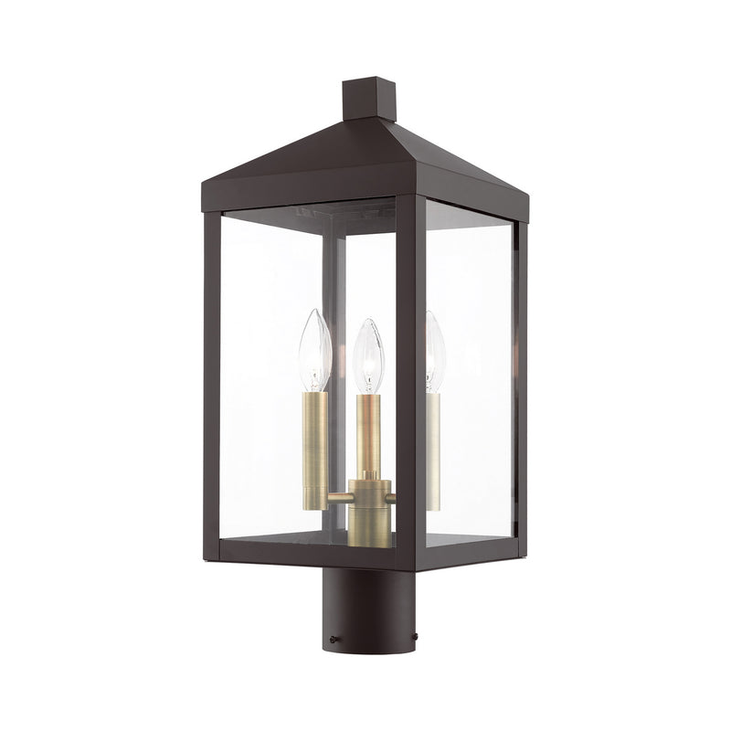 Livex Lighting 20592-07 Three Light Outdoor Post Top Lantern, Bronze w/ Antique Brass Cluster