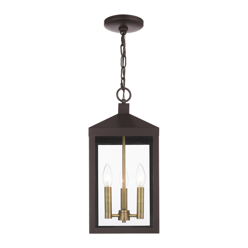 Livex Lighting 20593-07 Three Light Outdoor Pendant, Bronze w/ Antique Brass Cluster