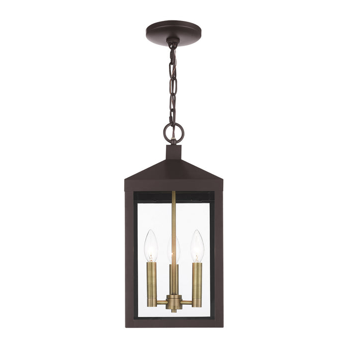 Livex Lighting 20593-07 Three Light Outdoor Pendant, Bronze w/ Antique Brass Cluster