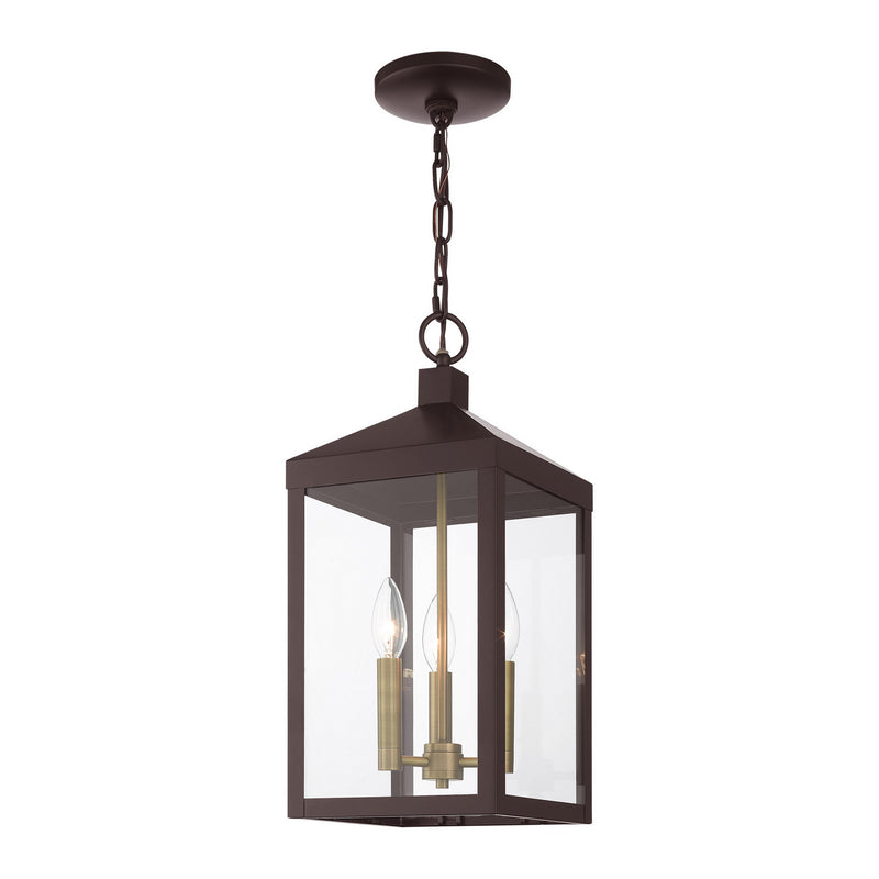 Livex Lighting 20593-07 Three Light Outdoor Pendant, Bronze w/ Antique Brass Cluster
