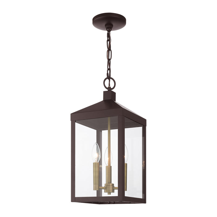Livex Lighting 20593-07 Three Light Outdoor Pendant, Bronze w/ Antique Brass Cluster