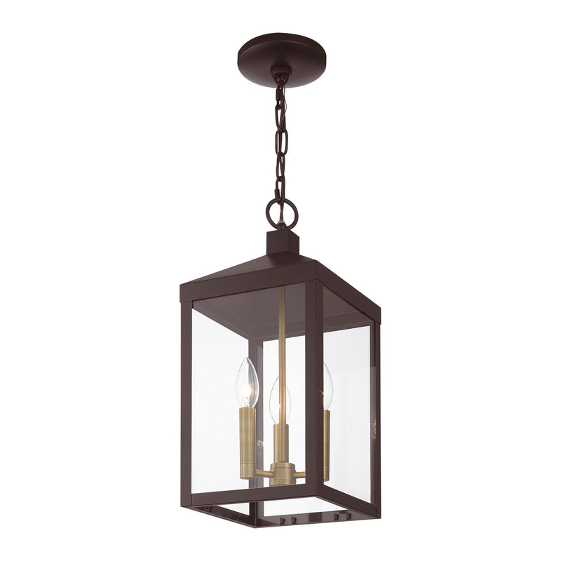 Livex Lighting 20593-07 Three Light Outdoor Pendant, Bronze w/ Antique Brass Cluster