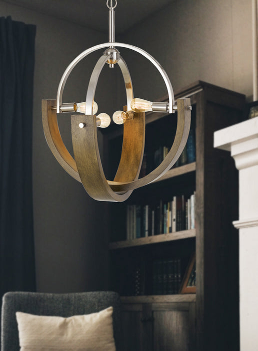 Cal Lighting FX-3741-4 Four Light Chandelier, Wood/Brushed Steel