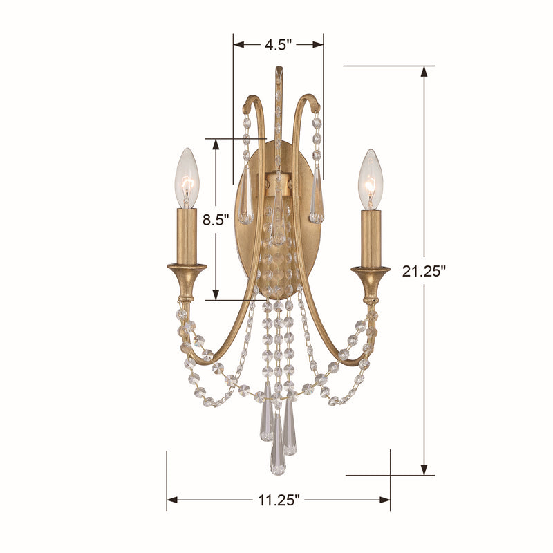 Crystorama ARC-1902-GA-CL-MWP Two Light Wall Sconce, Antique Gold