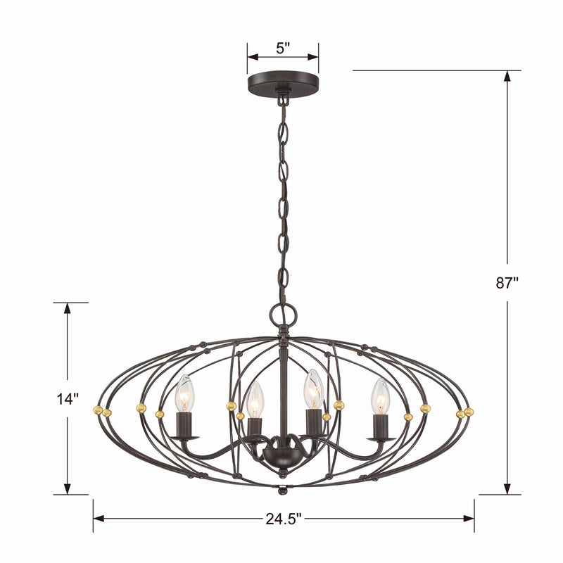 Crystorama ZUC-A9034-EB-GA Four Light Chandelier, English Bronze + Antique Gold