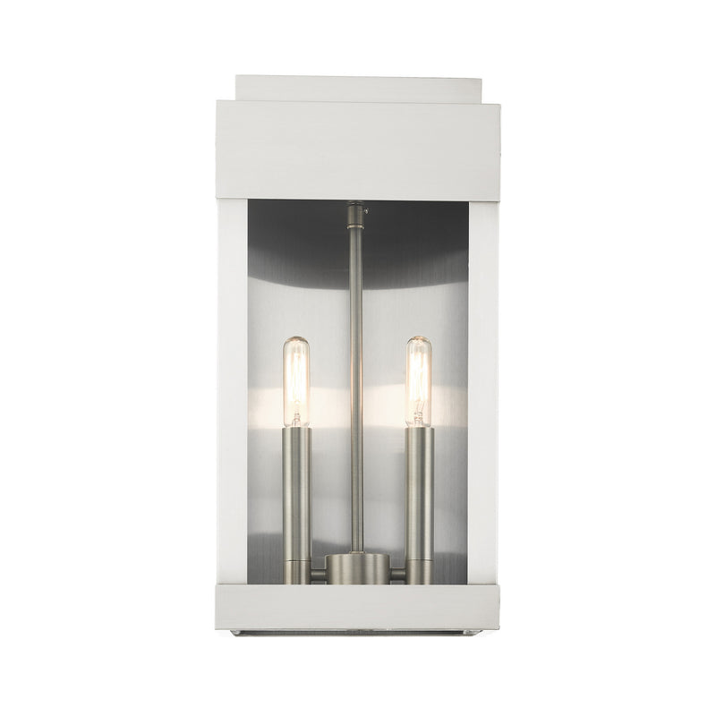 Livex Lighting 21235-91 Two Light Outdoor Wall Lantern, Brushed Nickel w/ Brushed Nickel Stainless Steel